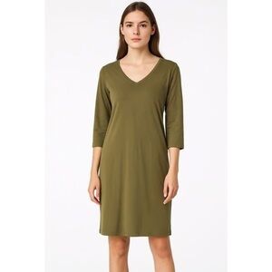 Eileen Fisher Olive Viscose Jersey Knit Midi Shift Dress Size M – 3/4 Sleeve